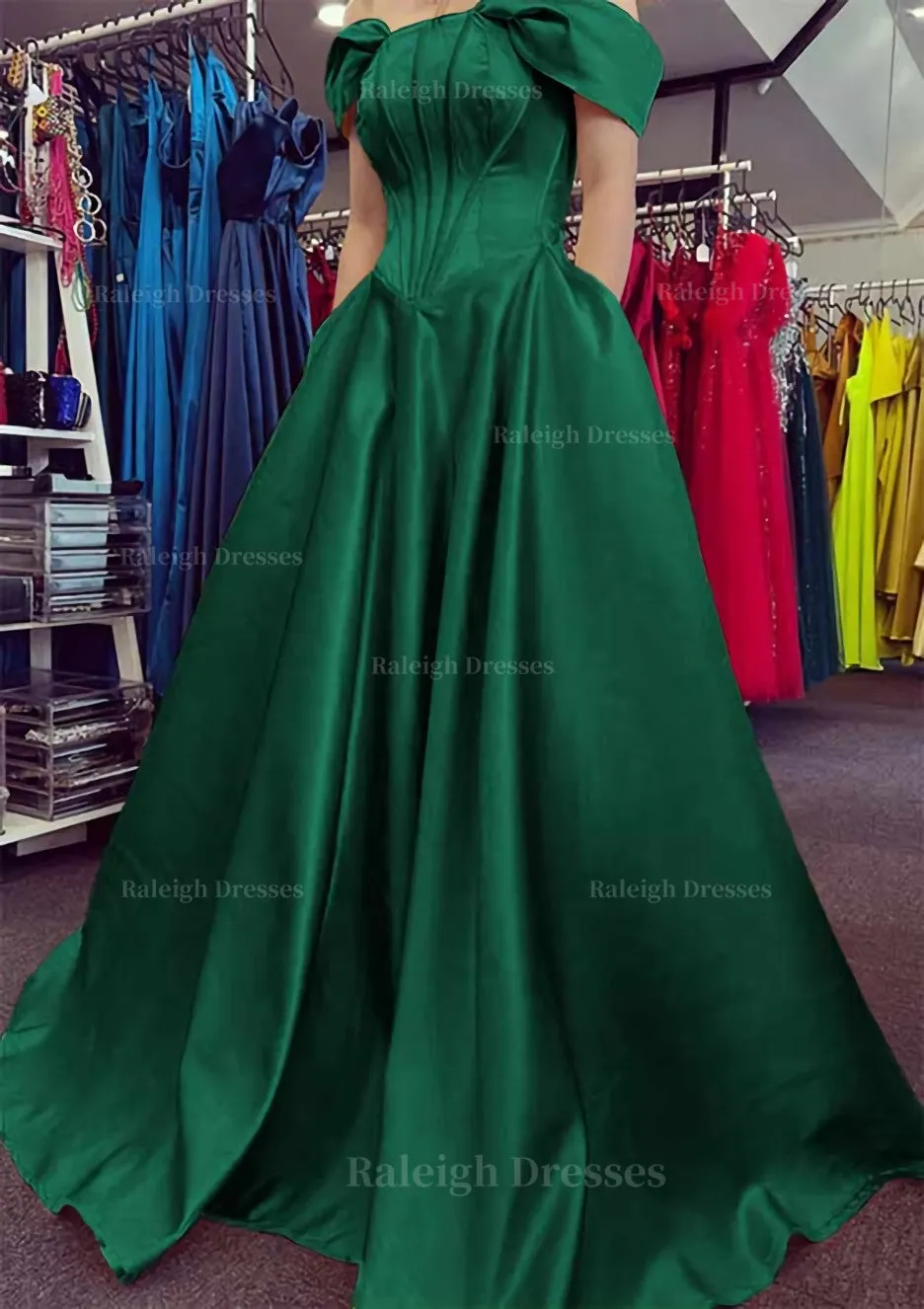 A-line Off-the-Shoulder Strapless Long/Floor-Length Satin Prom Dress With Pleated Pockets