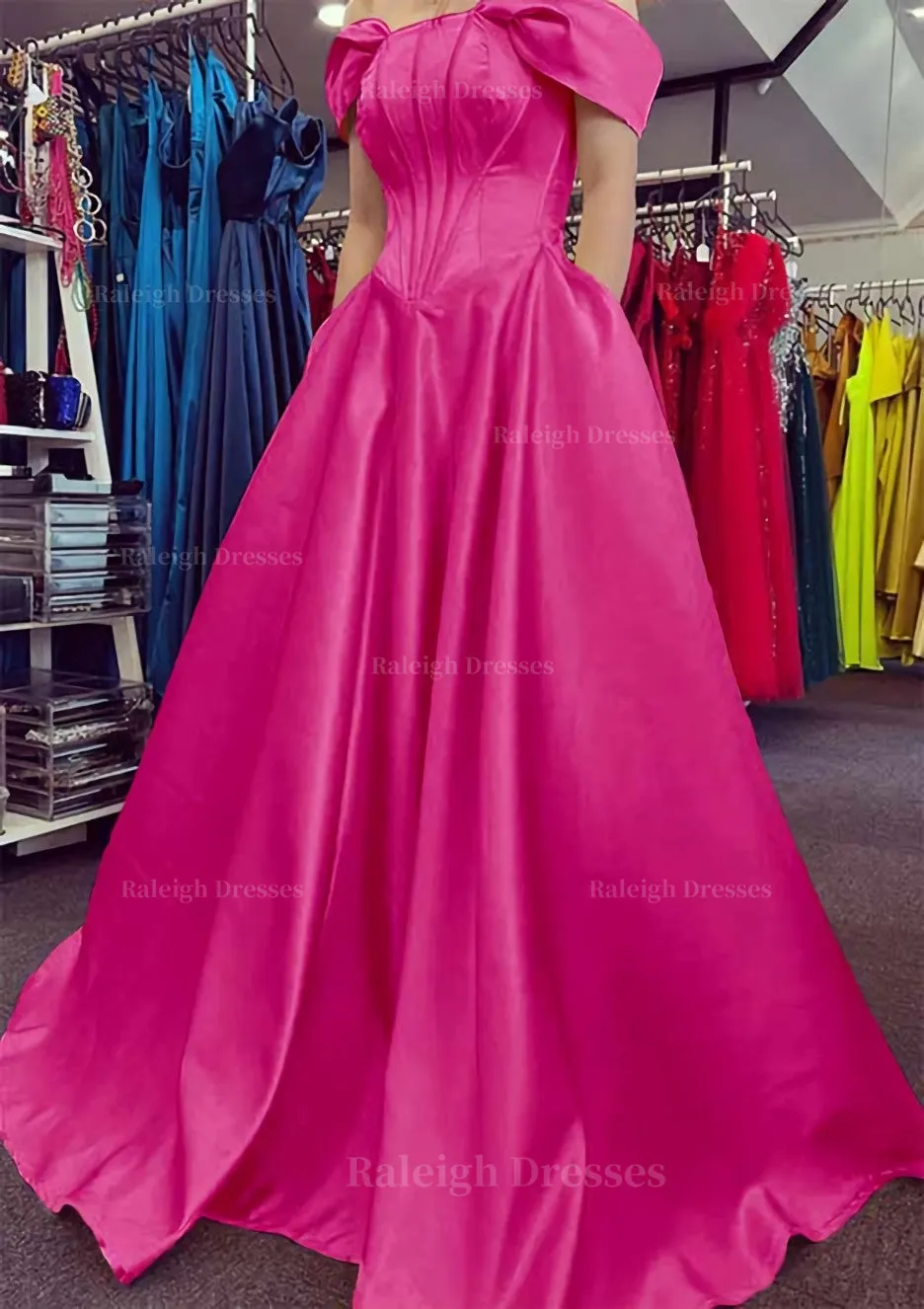 A-line Off-the-Shoulder Strapless Long/Floor-Length Satin Prom Dress With Pleated Pockets