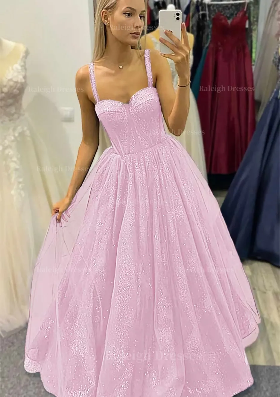 A-line Sweetheart Spaghetti Straps Long/Floor-Length Tulle Glitter Prom Dress