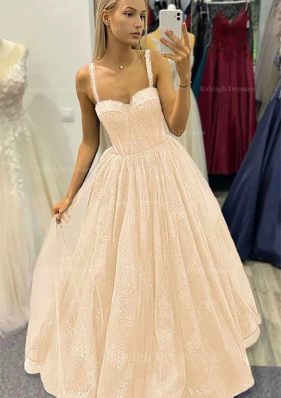 A-line Sweetheart Spaghetti Straps Long/Floor-Length Tulle Glitter Prom Dress