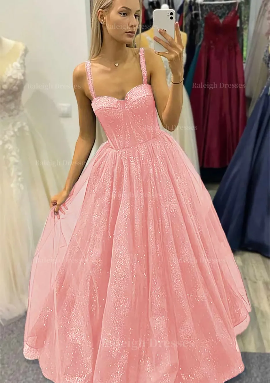 A-line Sweetheart Spaghetti Straps Long/Floor-Length Tulle Glitter Prom Dress