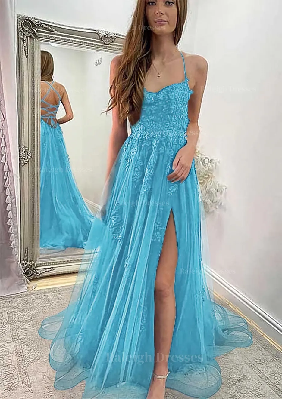 A-line Sweetheart Spaghetti Straps Sweep Train Tulle Prom Dress With Appliqued Split