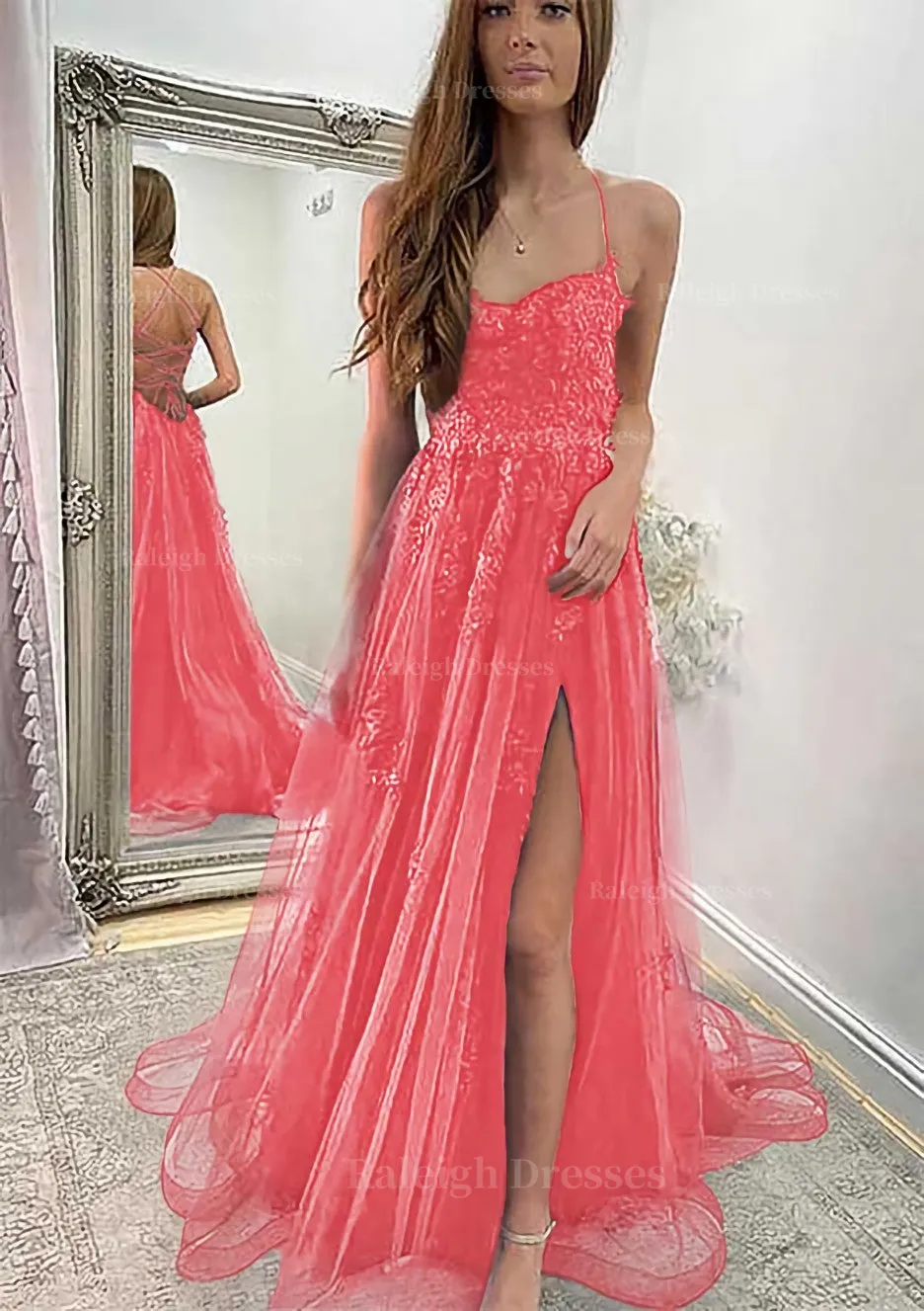 A-line Sweetheart Spaghetti Straps Sweep Train Tulle Prom Dress With Appliqued Split