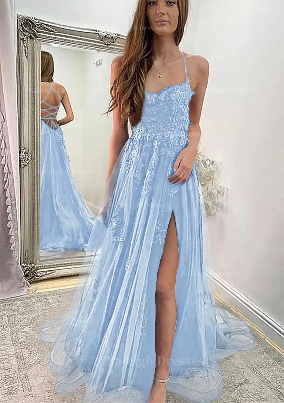 A-line Sweetheart Spaghetti Straps Sweep Train Tulle Prom Dress With Appliqued Split