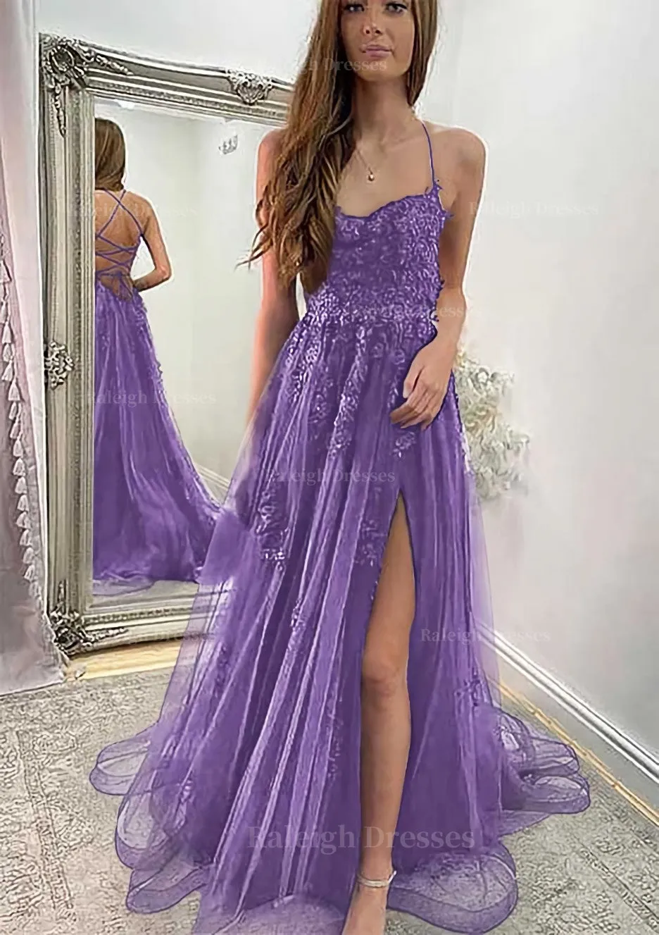 A-line Sweetheart Spaghetti Straps Sweep Train Tulle Prom Dress With Appliqued Split