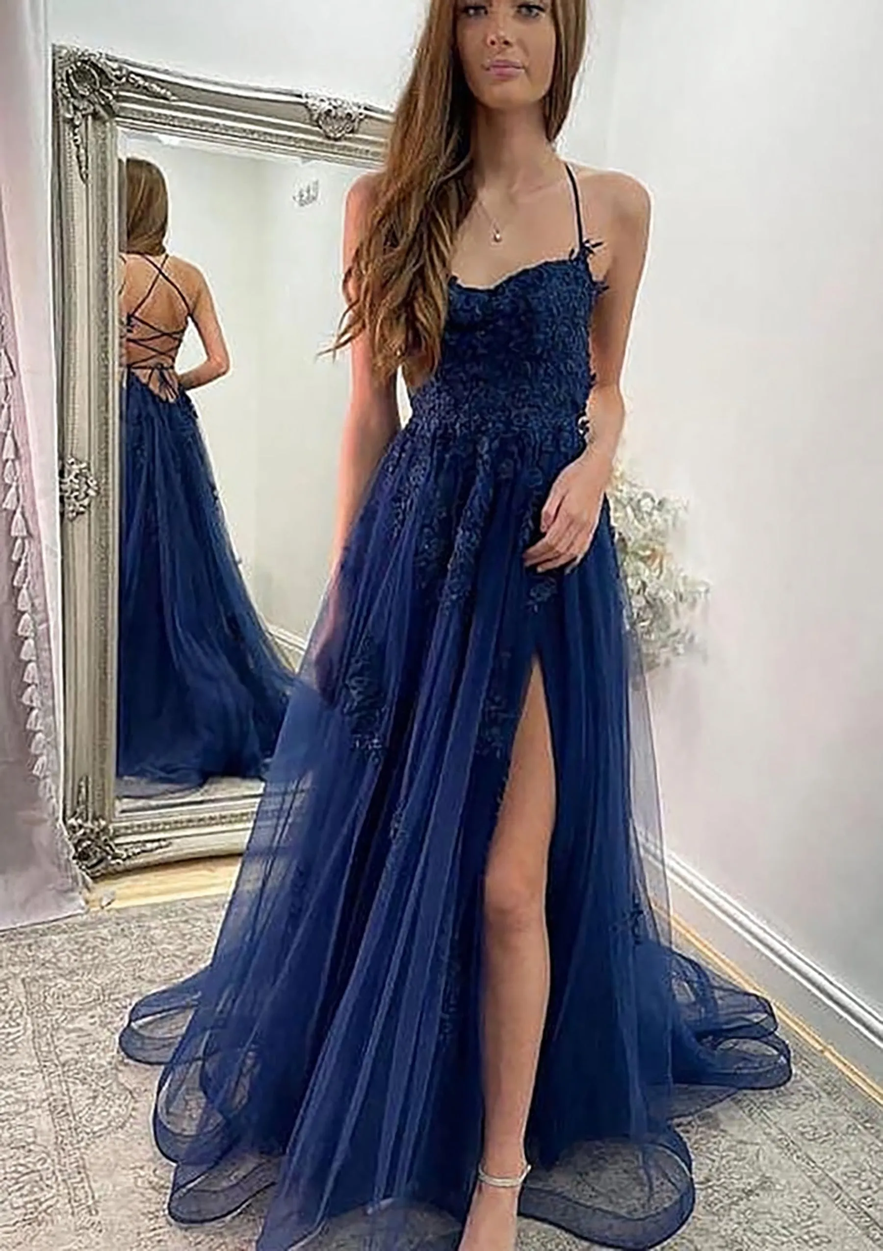 A-line Sweetheart Spaghetti Straps Sweep Train Tulle Prom Dress With Appliqued Split