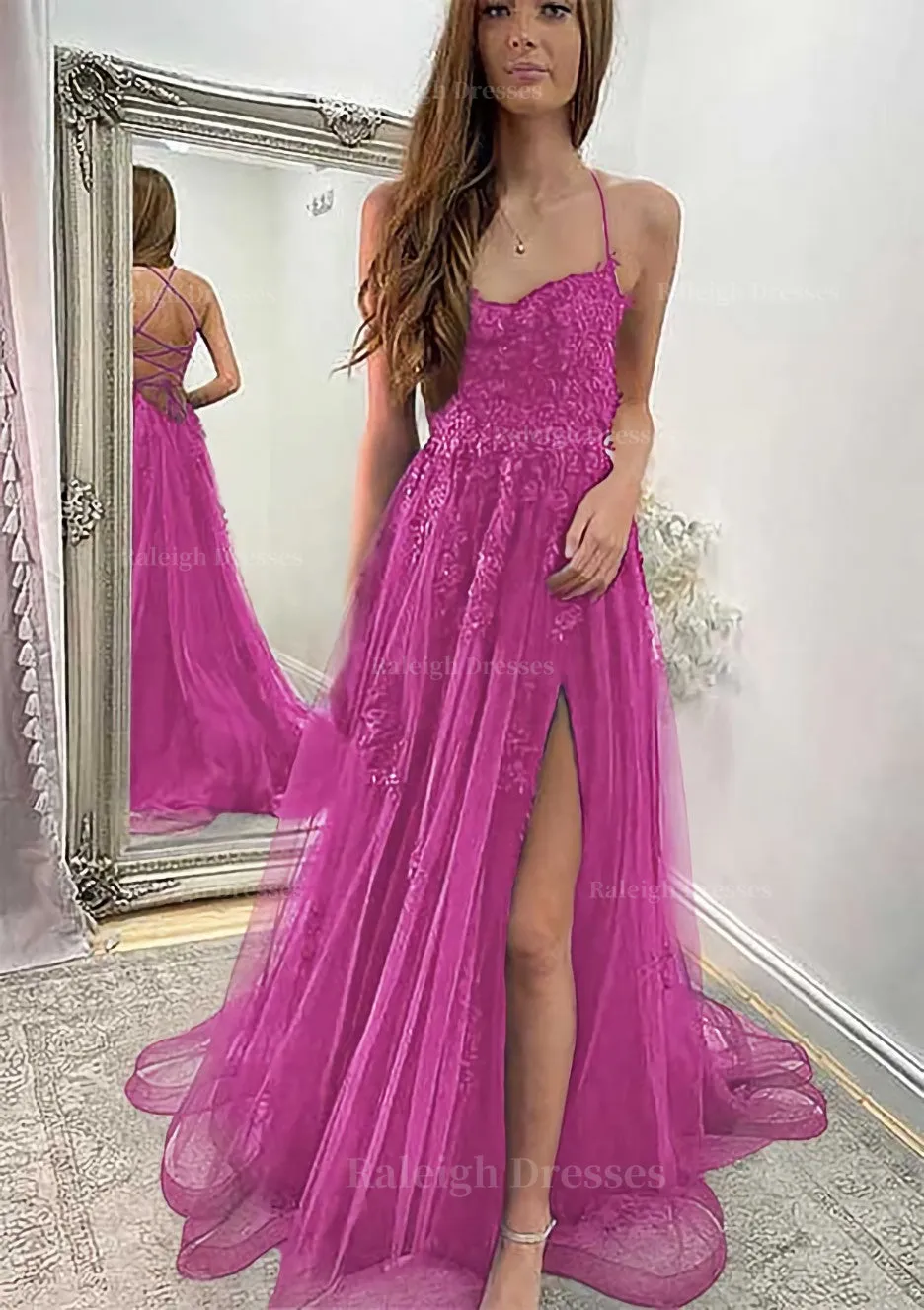 A-line Sweetheart Spaghetti Straps Sweep Train Tulle Prom Dress With Appliqued Split