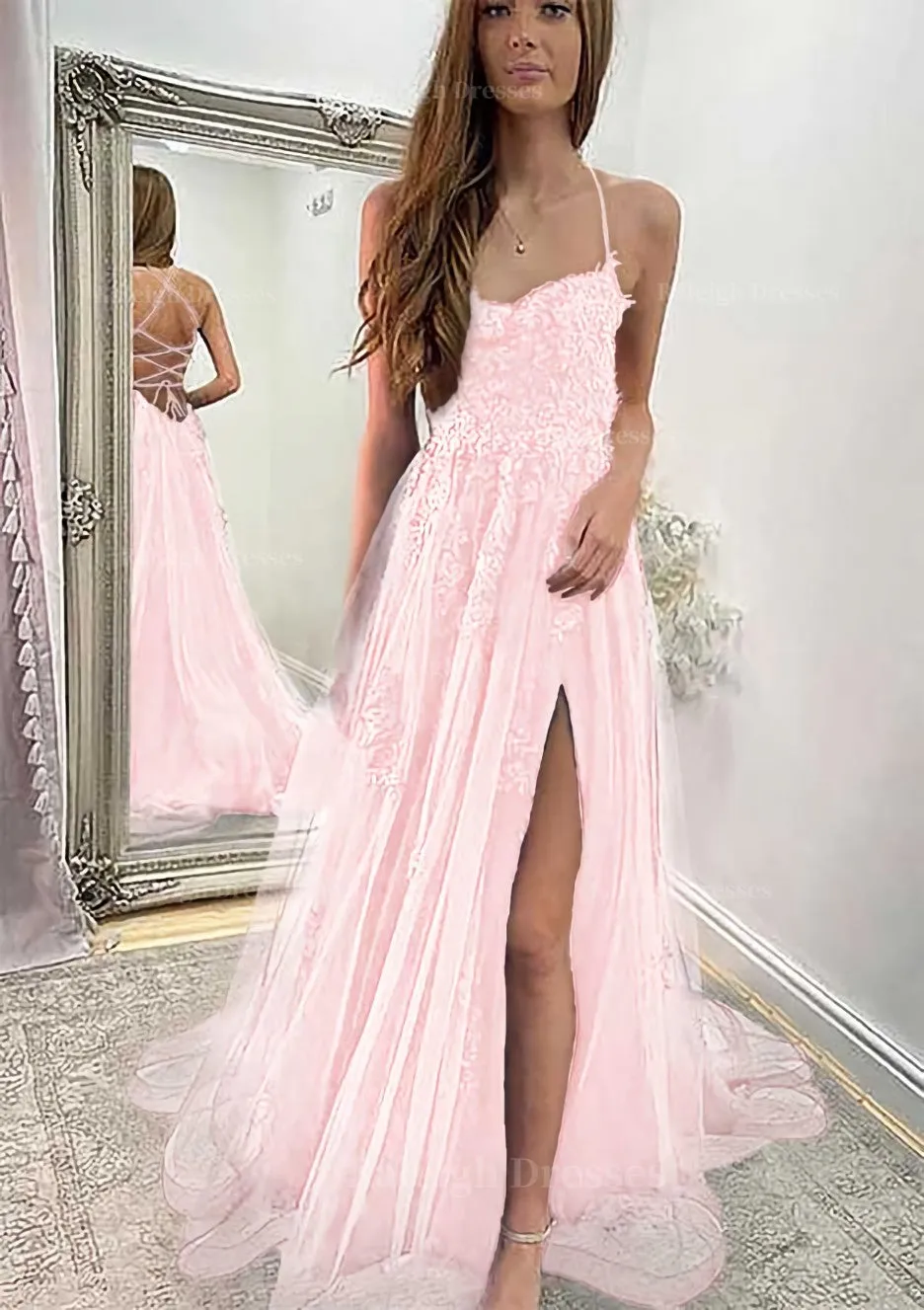 A-line Sweetheart Spaghetti Straps Sweep Train Tulle Prom Dress With Appliqued Split