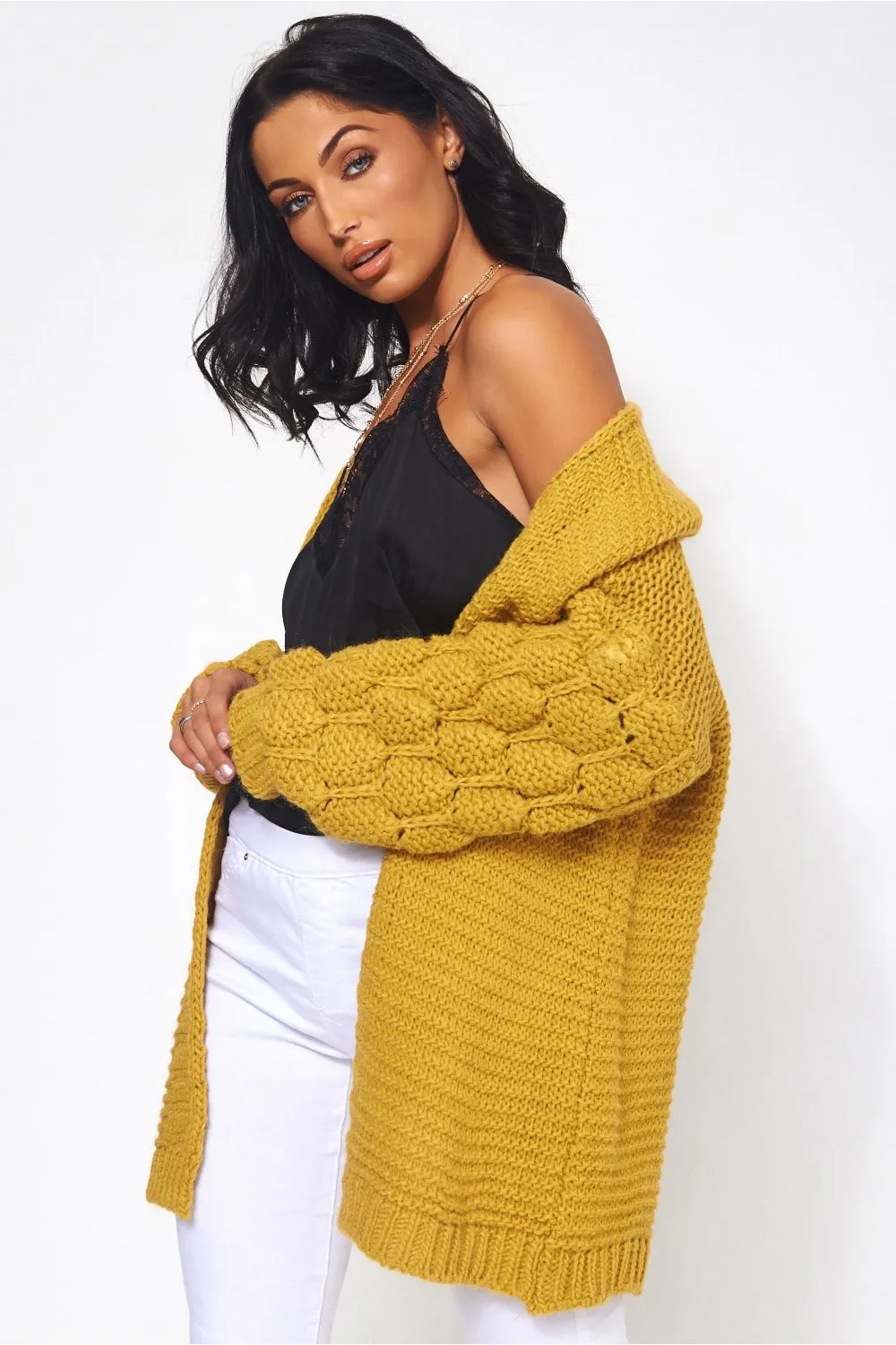 Alessa Chunky Knit Mustard Pom Sleeve Cardigan