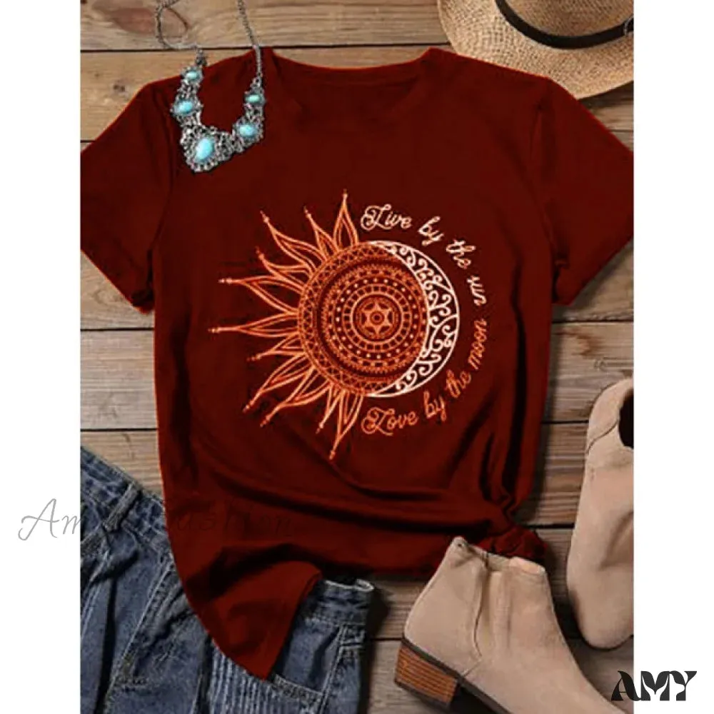 Amy Fashion - Casual Fashion Letter Sun Moon Print T-shirt