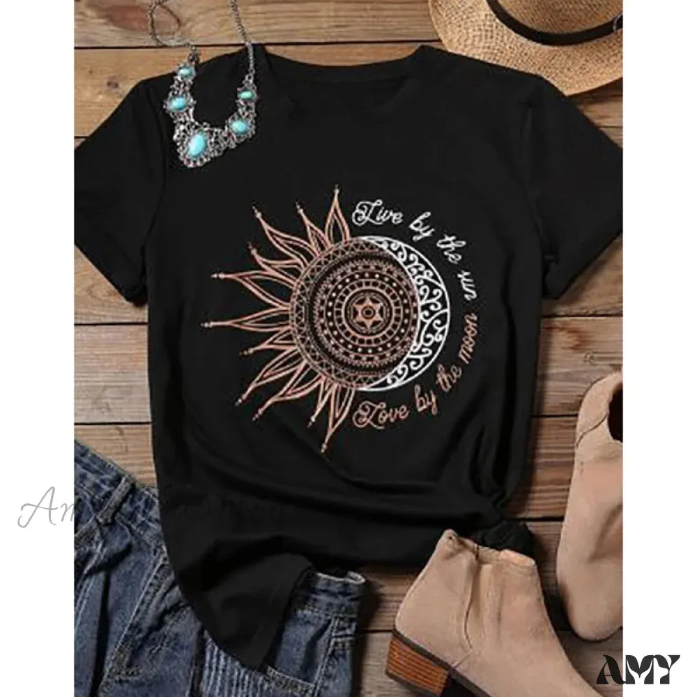 Amy Fashion - Casual Fashion Letter Sun Moon Print T-shirt