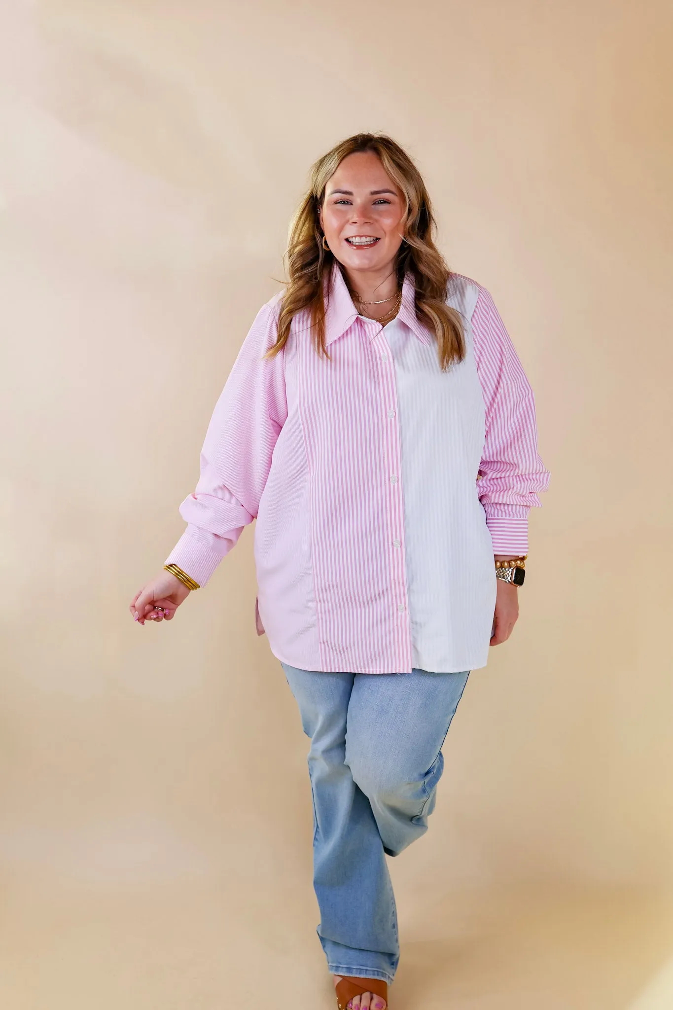 Back To You Pin Stripe Color Block Button Up Top in Pink and White