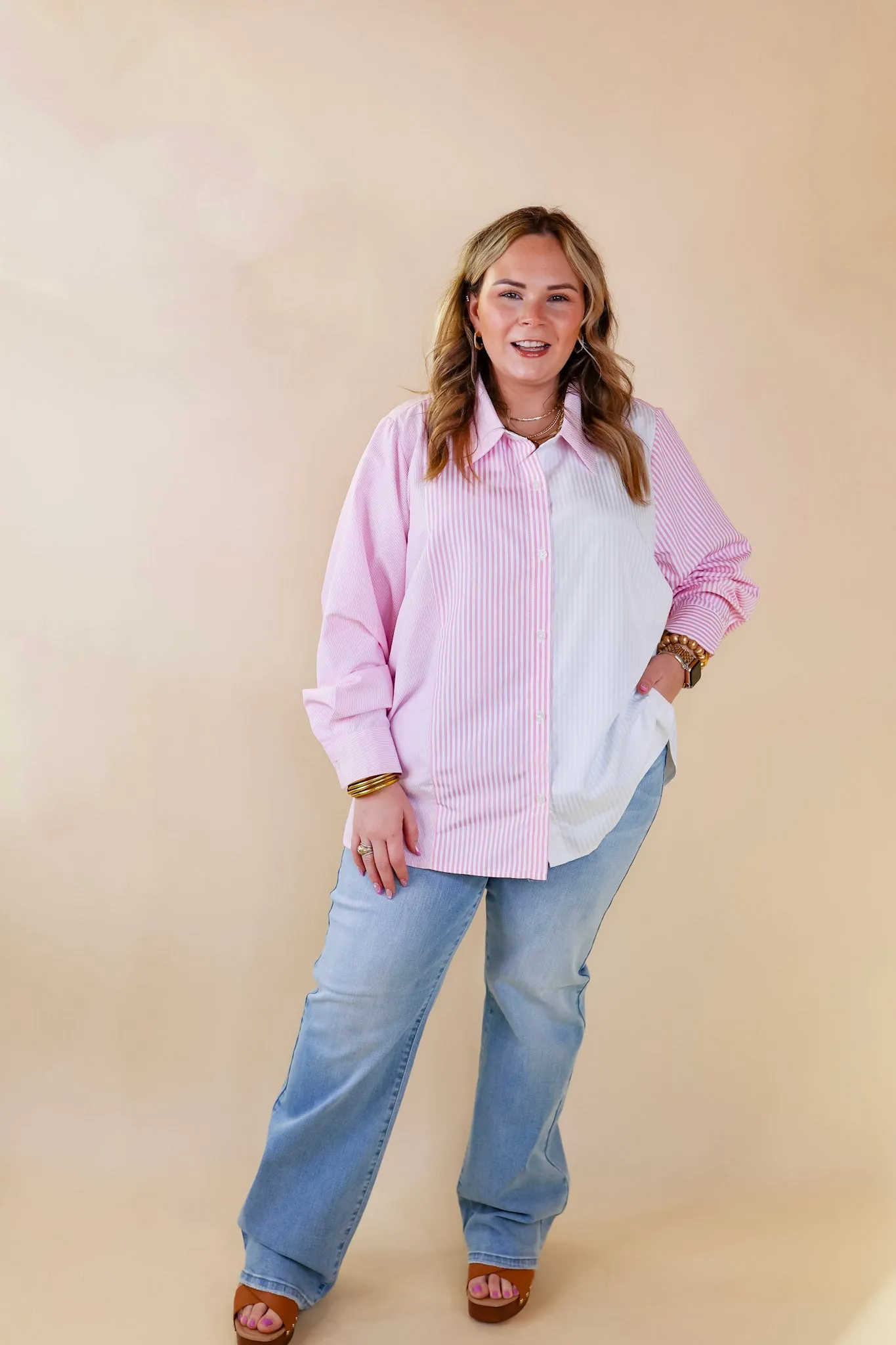 Back To You Pin Stripe Color Block Button Up Top in Pink and White