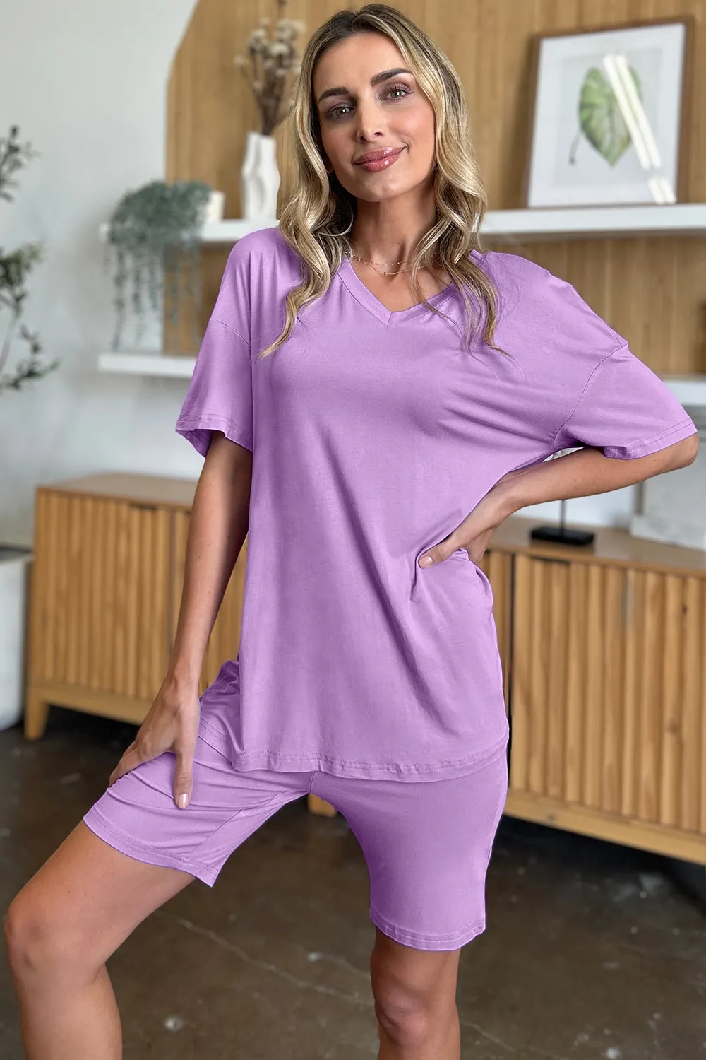 Basic Bae Bamboo Full Size  V-Neck Drop Shoulder T-Shirt and Shorts Set - 5 Colors