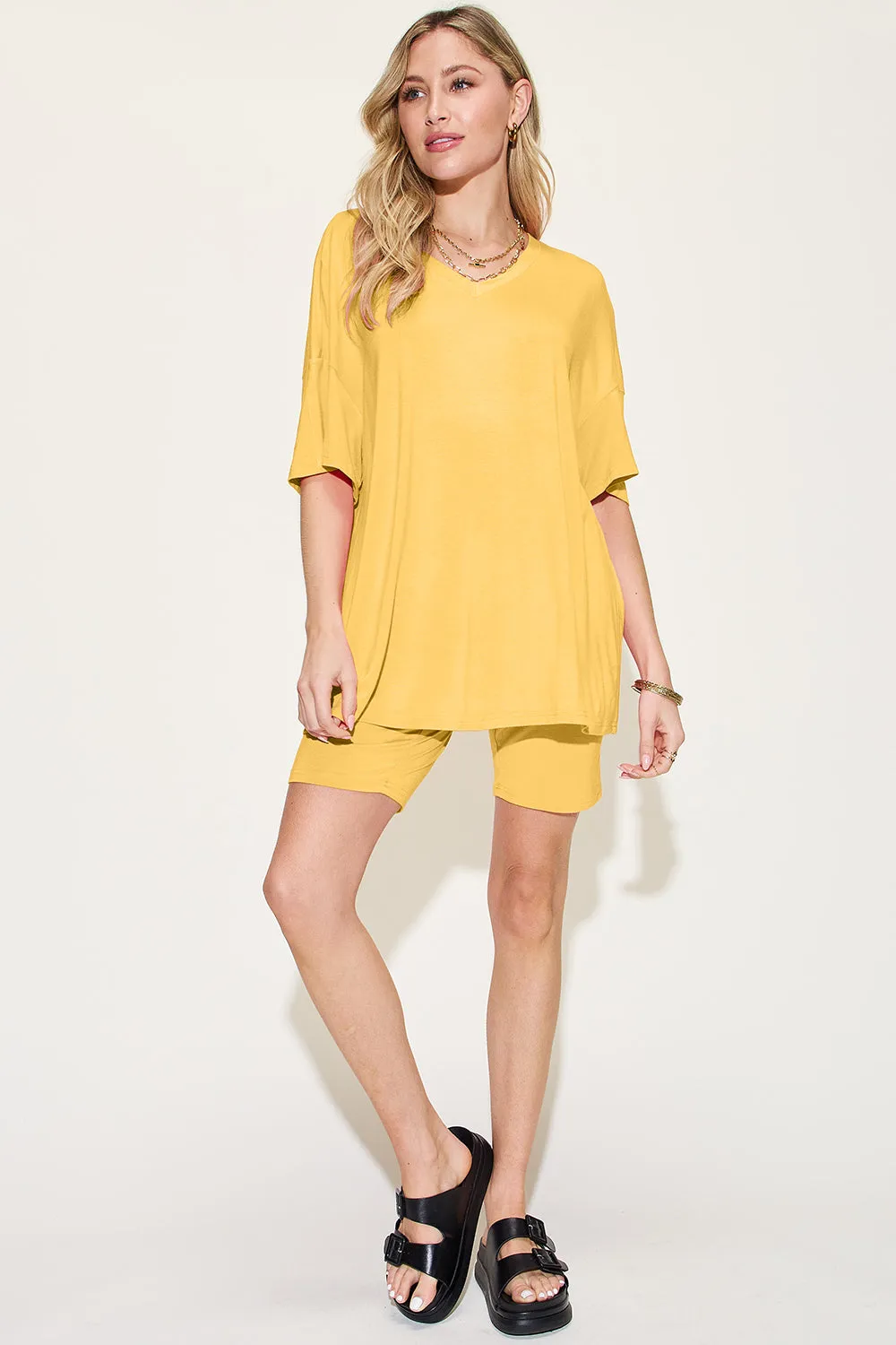 Basic Bae Bamboo Full Size  V-Neck Drop Shoulder T-Shirt and Shorts Set - 5 Colors