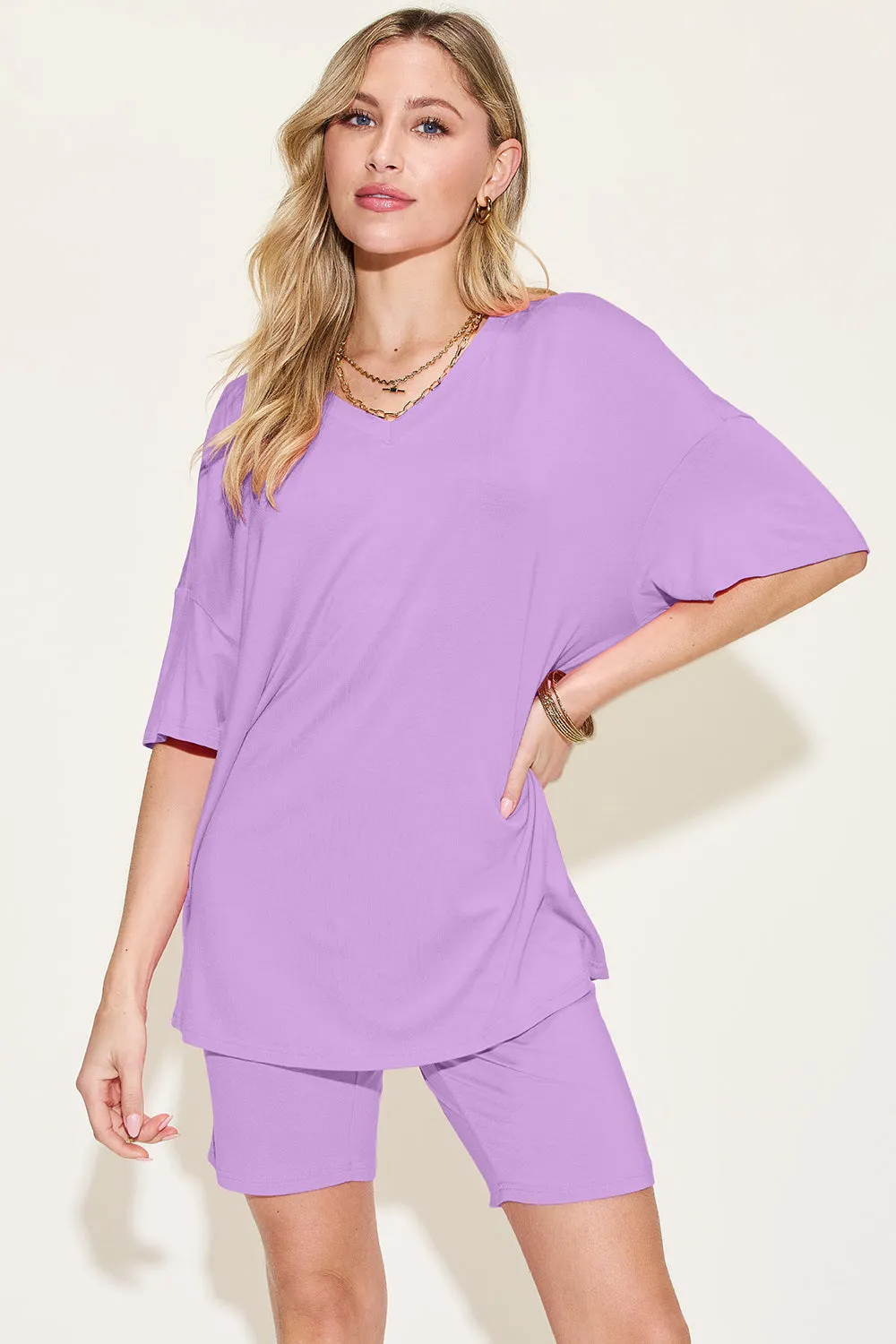 Basic Bae Bamboo Full Size  V-Neck Drop Shoulder T-Shirt and Shorts Set - 5 Colors