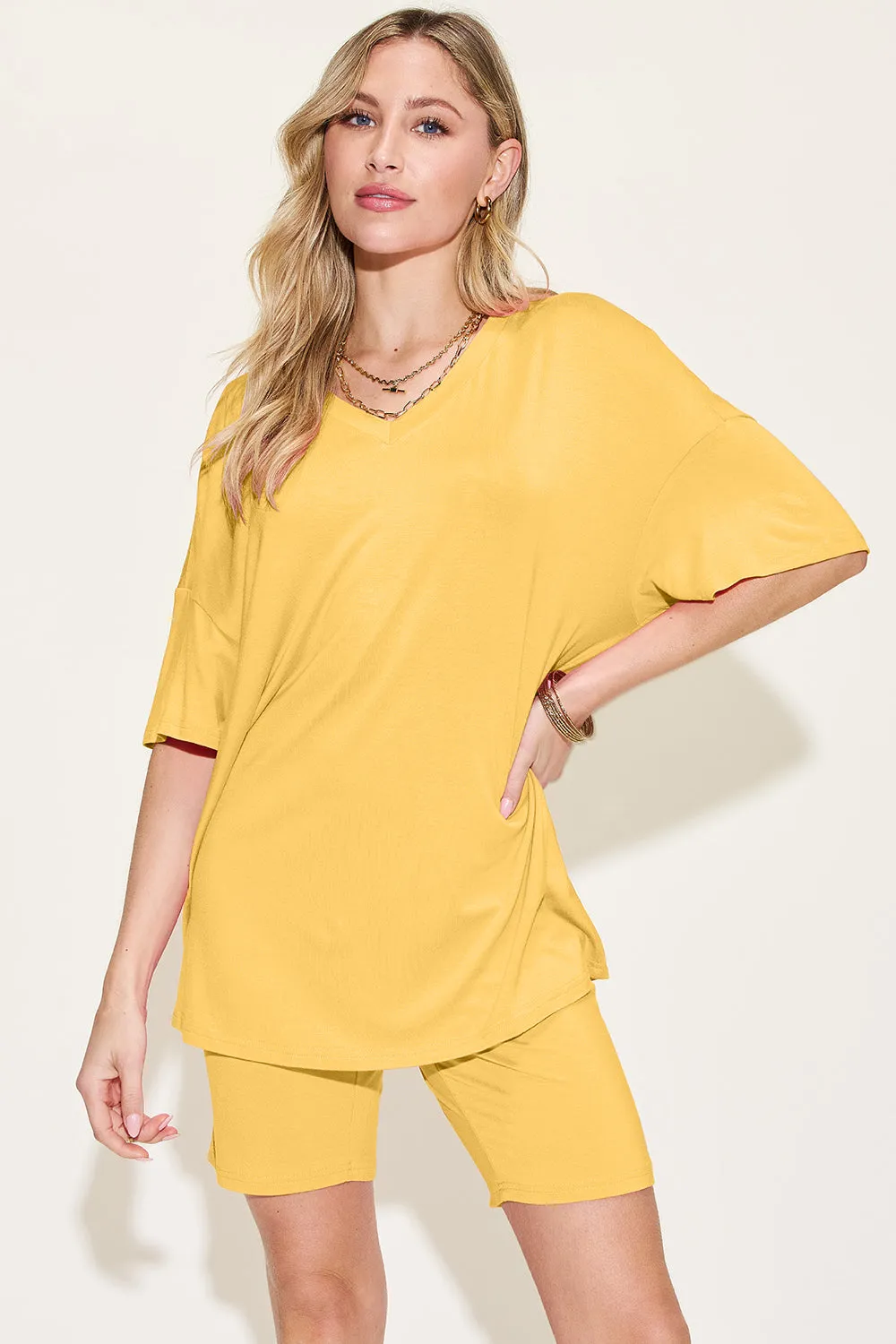 Basic Bae Bamboo Full Size  V-Neck Drop Shoulder T-Shirt and Shorts Set - 5 Colors