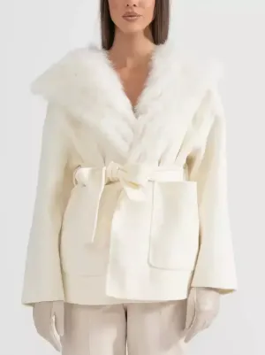 Belted Fur Lined Cashmere Jacket with Fur Lining