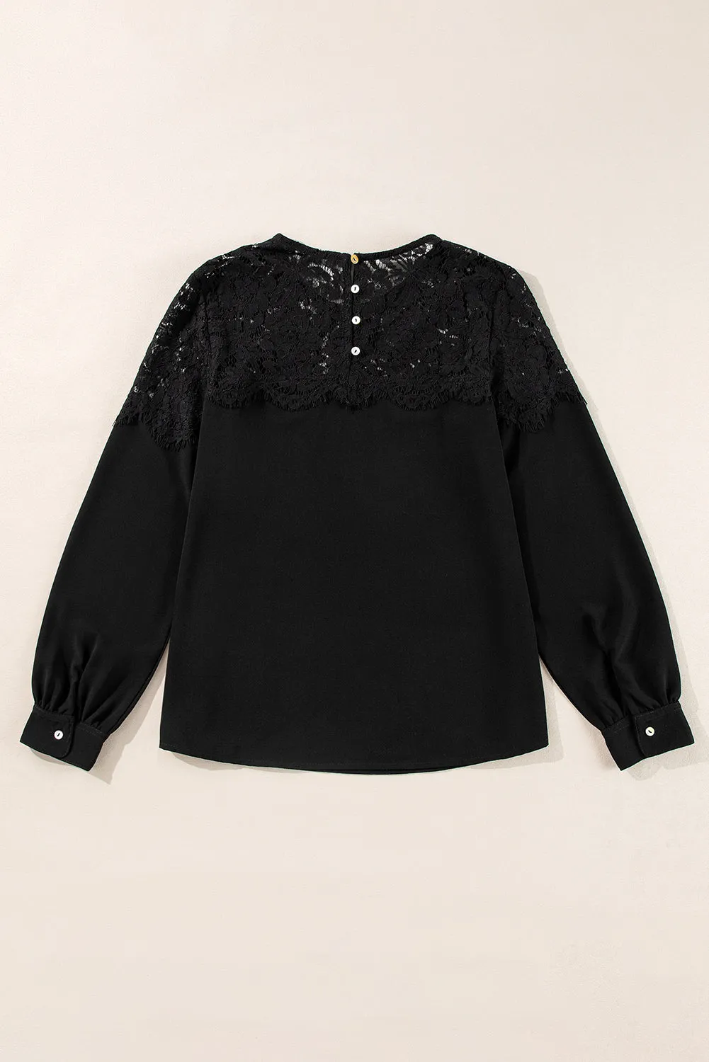 Black Lace Detail Round Neck Long Sleeve Blouse | Casual Tops | Boho Blouses