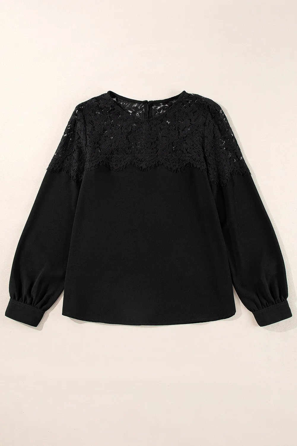 Black Lace Detail Round Neck Long Sleeve Blouse | Casual Tops | Boho Blouses