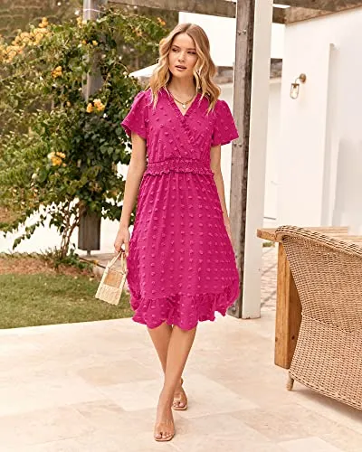 BTFBM Elegant Short Sleeve V Neck Swiss Dot Midi Summer Dresses for Women 2023 Boho Ruffle Long Dresses Ruffle Cocktail Dress（Solid Rose Red,X-Large