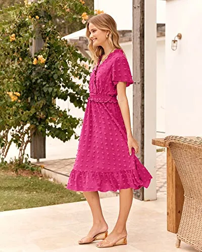 BTFBM Elegant Short Sleeve V Neck Swiss Dot Midi Summer Dresses for Women 2023 Boho Ruffle Long Dresses Ruffle Cocktail Dress（Solid Rose Red,X-Large