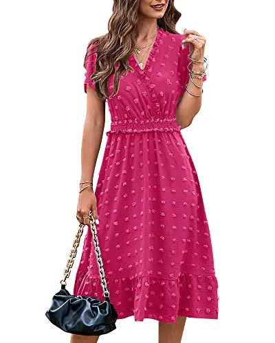 BTFBM Elegant Short Sleeve V Neck Swiss Dot Midi Summer Dresses for Women 2023 Boho Ruffle Long Dresses Ruffle Cocktail Dress（Solid Rose Red,X-Large