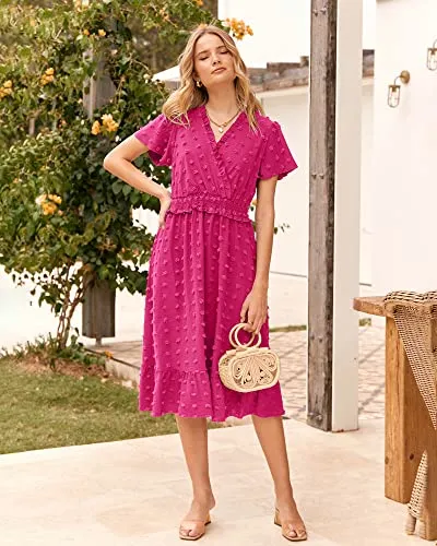 BTFBM Elegant Short Sleeve V Neck Swiss Dot Midi Summer Dresses for Women 2023 Boho Ruffle Long Dresses Ruffle Cocktail Dress（Solid Rose Red,X-Large