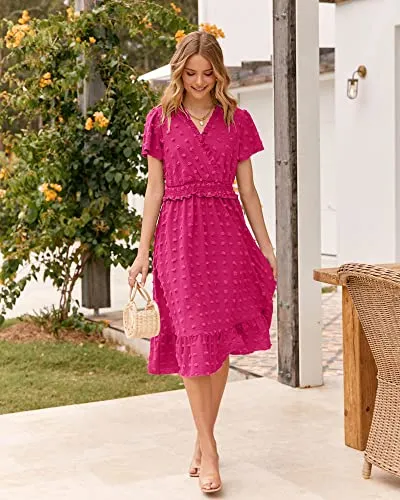 BTFBM Elegant Short Sleeve V Neck Swiss Dot Midi Summer Dresses for Women 2023 Boho Ruffle Long Dresses Ruffle Cocktail Dress（Solid Rose Red,X-Large