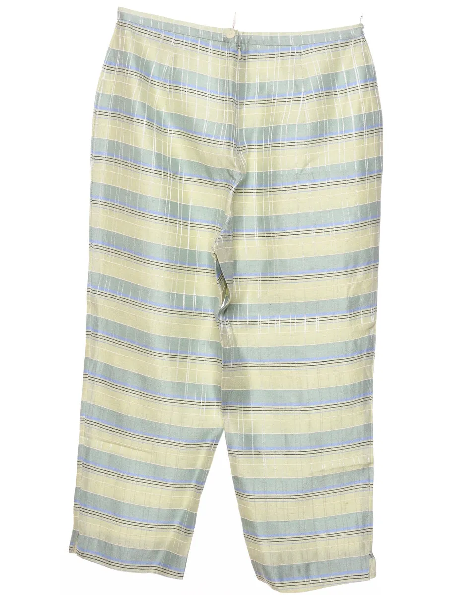 Checked Light Yellow, Green & Blue Silk Trousers - W30 L22