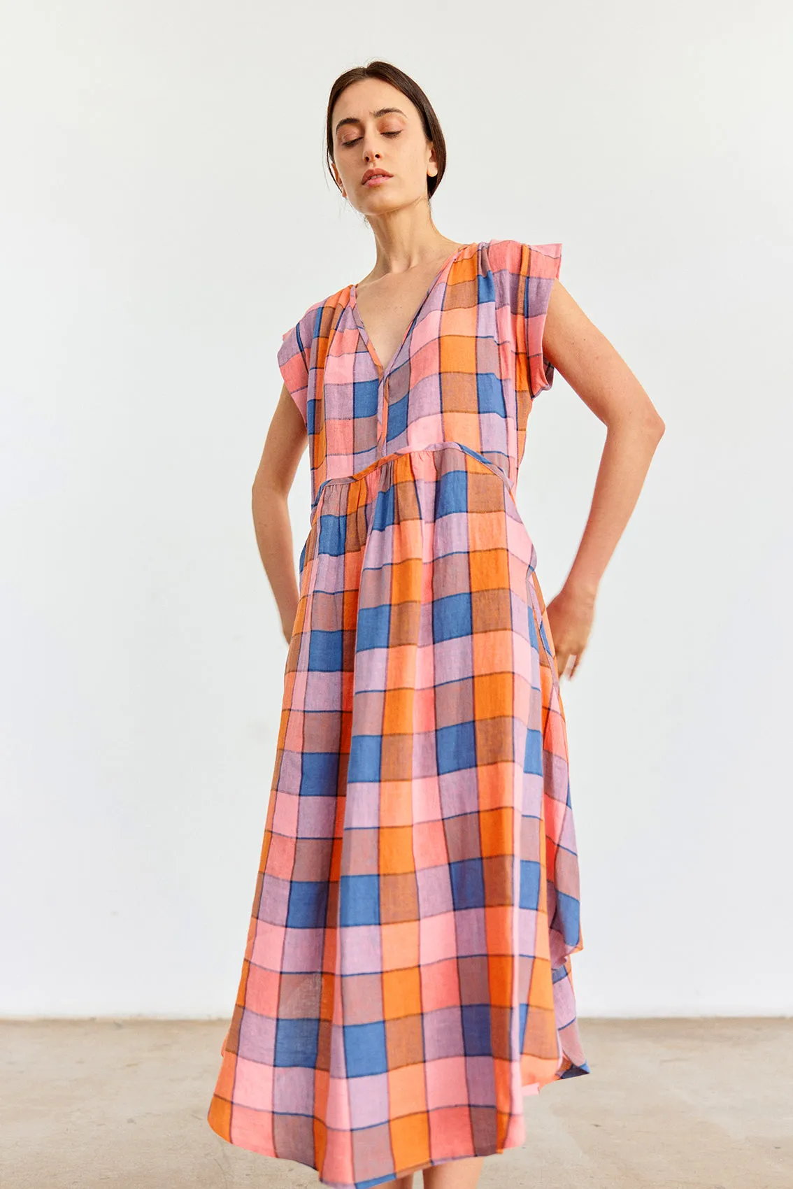 Checked V-Neck Relaxed Linen Dress