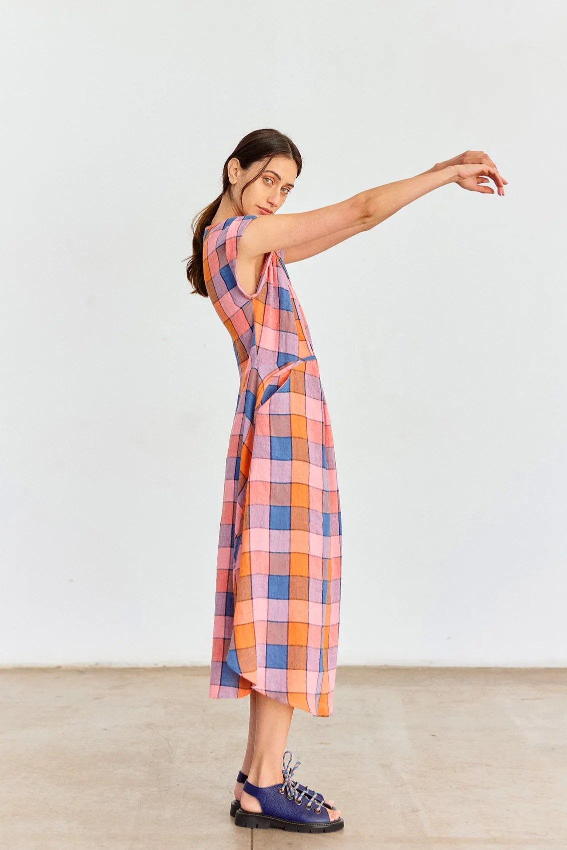 Checked V-Neck Relaxed Linen Dress