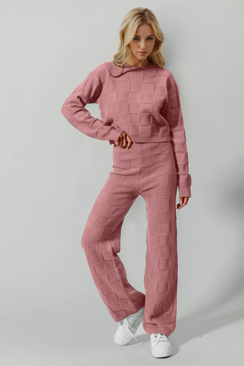 Double Take Full Size Checkered Round Neck Top and Pants Set - 3 Colors