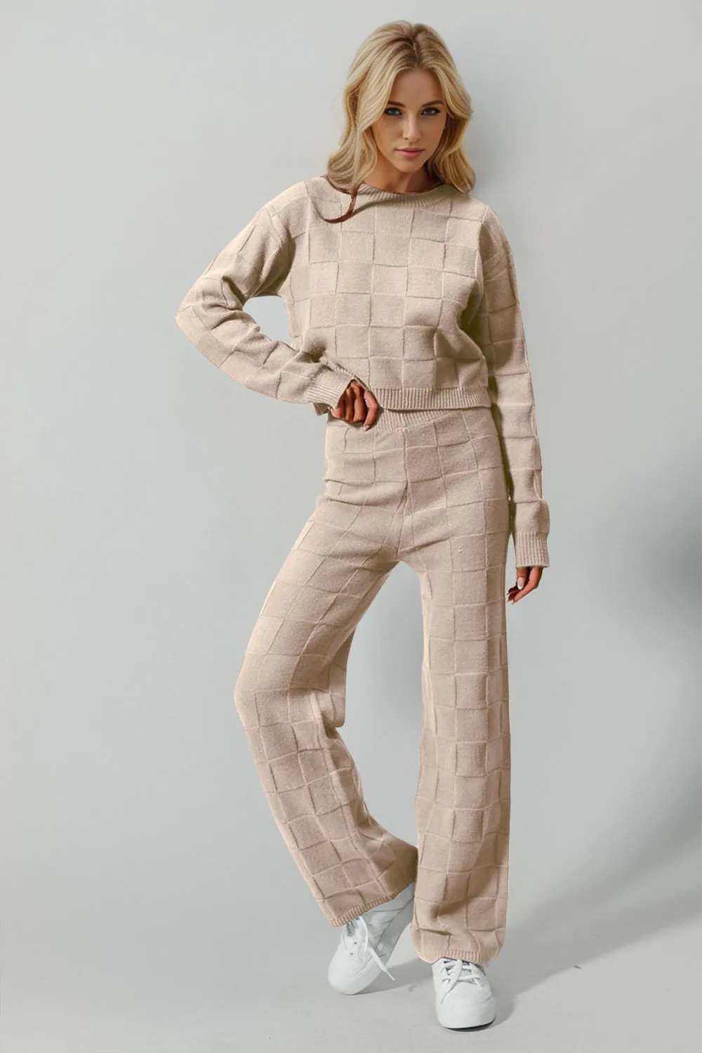 Double Take Full Size Checkered Round Neck Top and Pants Set - 3 Colors