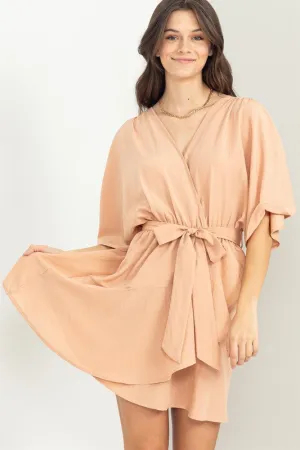 Dusty Coral Beyond Chic Belted Wrap Mini Dress