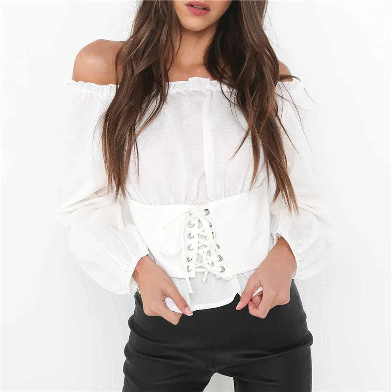 Fashion casual solid color one word neck waist tie strapless lantern sleeve T-shirt