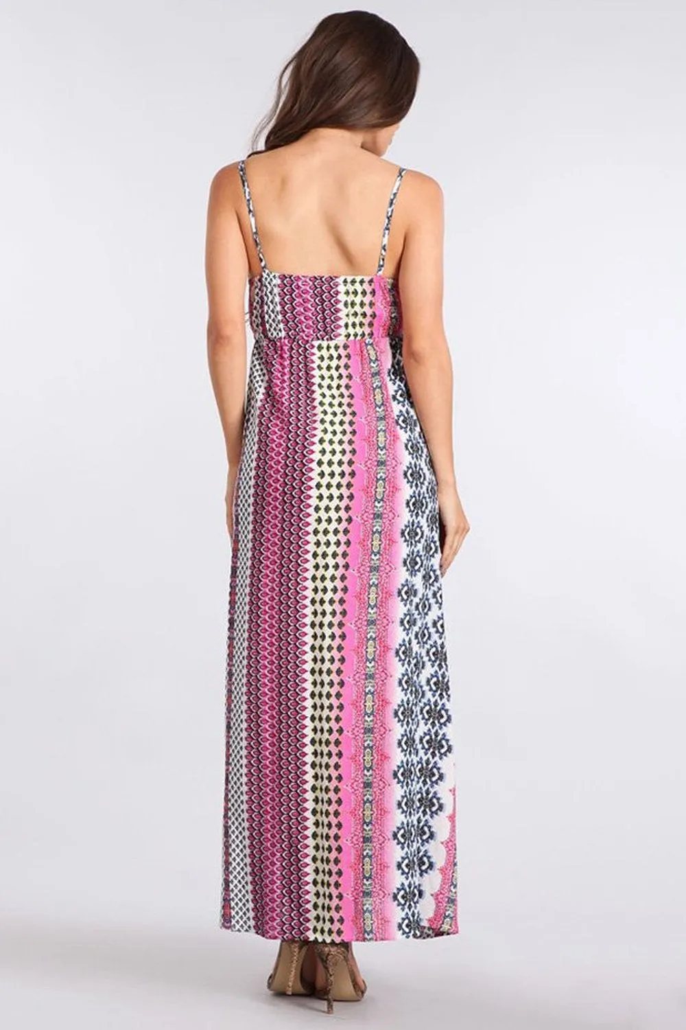 Fuchsia Striped Tribal Print Relaxed Summer Maxi Dress