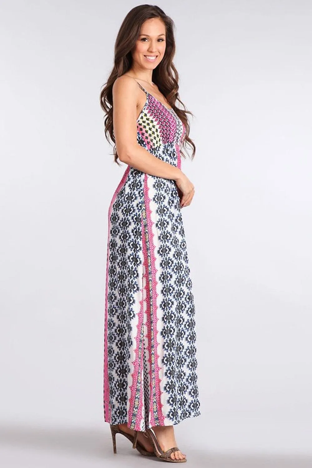 Fuchsia Striped Tribal Print Relaxed Summer Maxi Dress