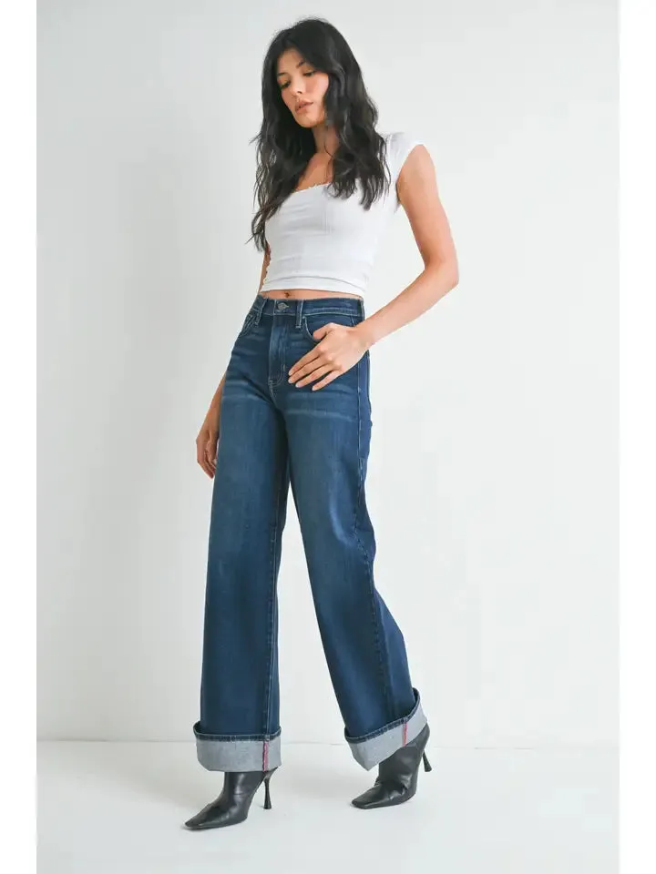 High Waist Cuffed Palazzo Jean - Dark Wash