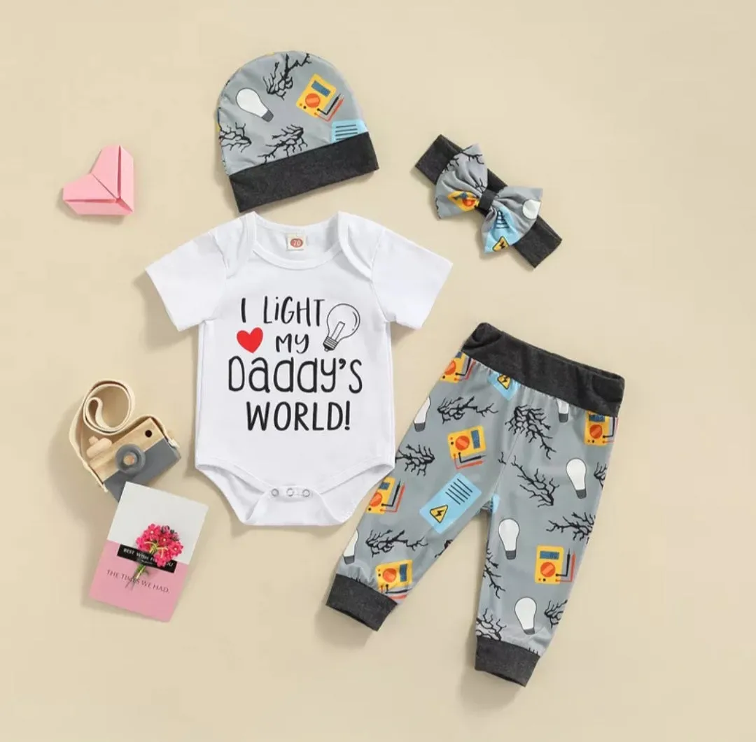 I Light My Daddy's World Romper with  Matching Pants, Hat and Headband Gender Neutral  #1000128