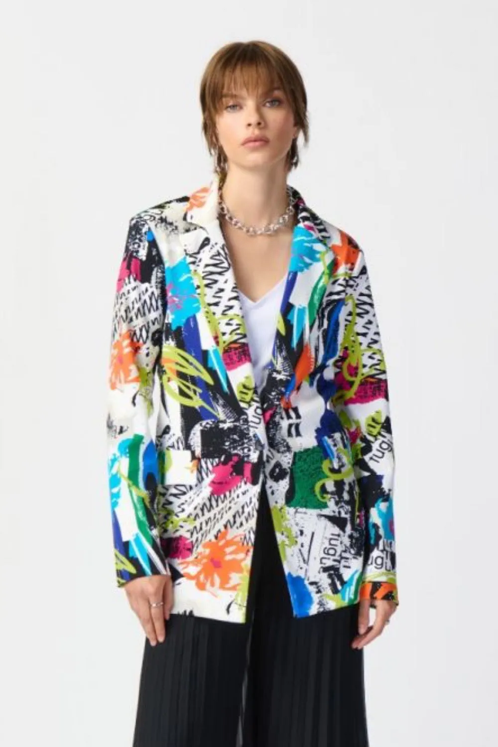 Joseph Ribkoff Vanilla/Multi Abstract Print One-Button Longline Blazer Jacket 241302