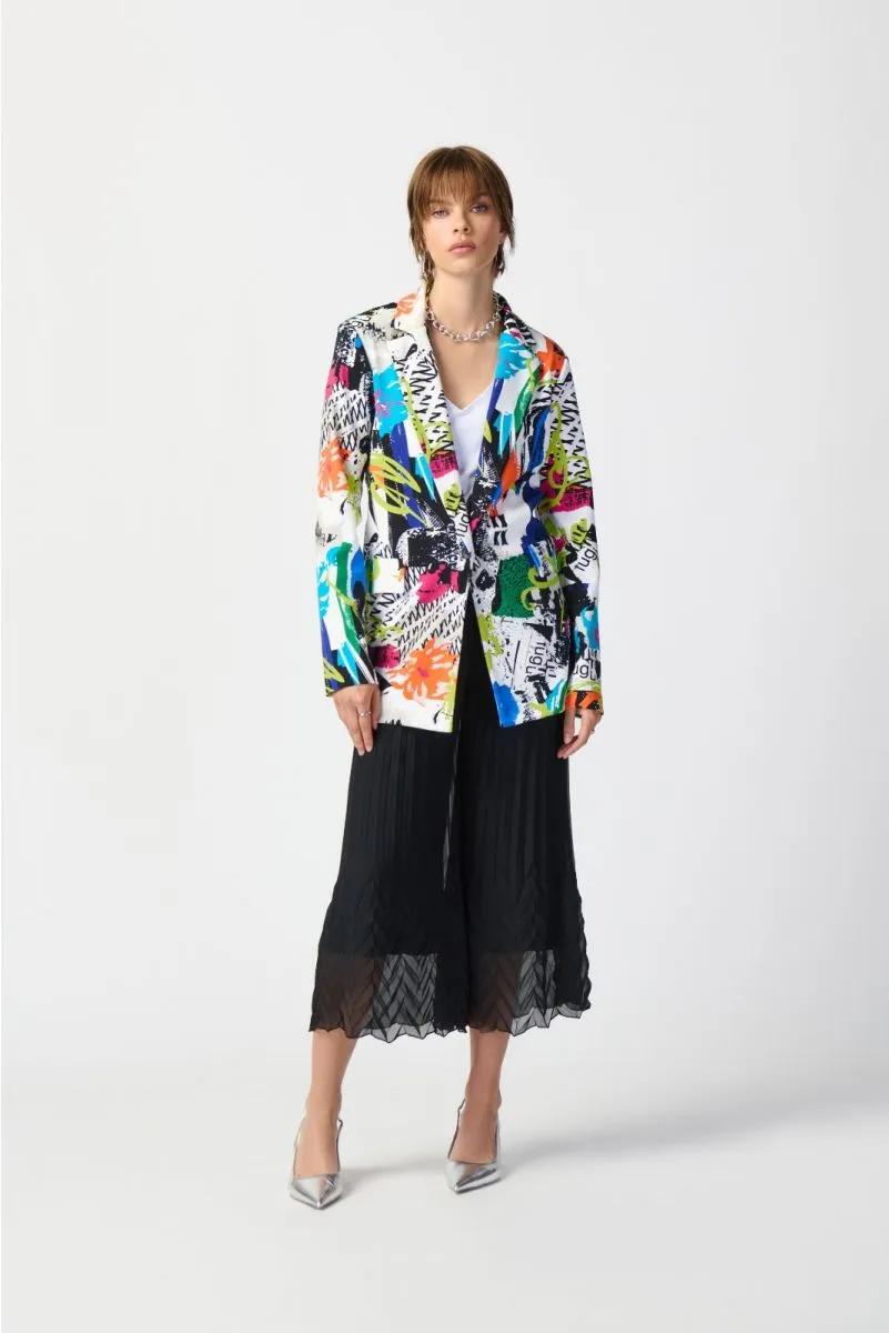 Joseph Ribkoff Vanilla/Multi Abstract Print One-Button Longline Blazer Jacket 241302