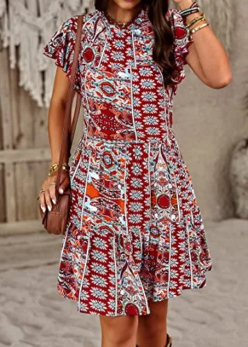 KIRUNDO 2023 Summer Women's Boho Tribal Print Mini Dress Casual Loose Short Sleeve Round Neck Shift Dresses(Boho-Wine Red, Medium)