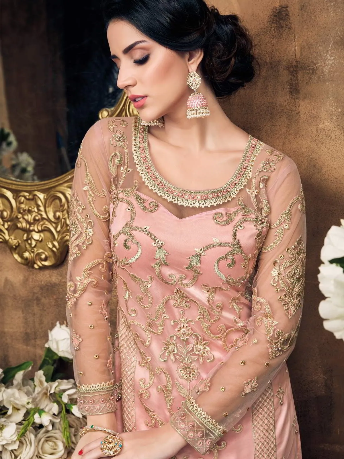 Light Pink Embroidery And Pearl Embellished Pakistani Pant Suit