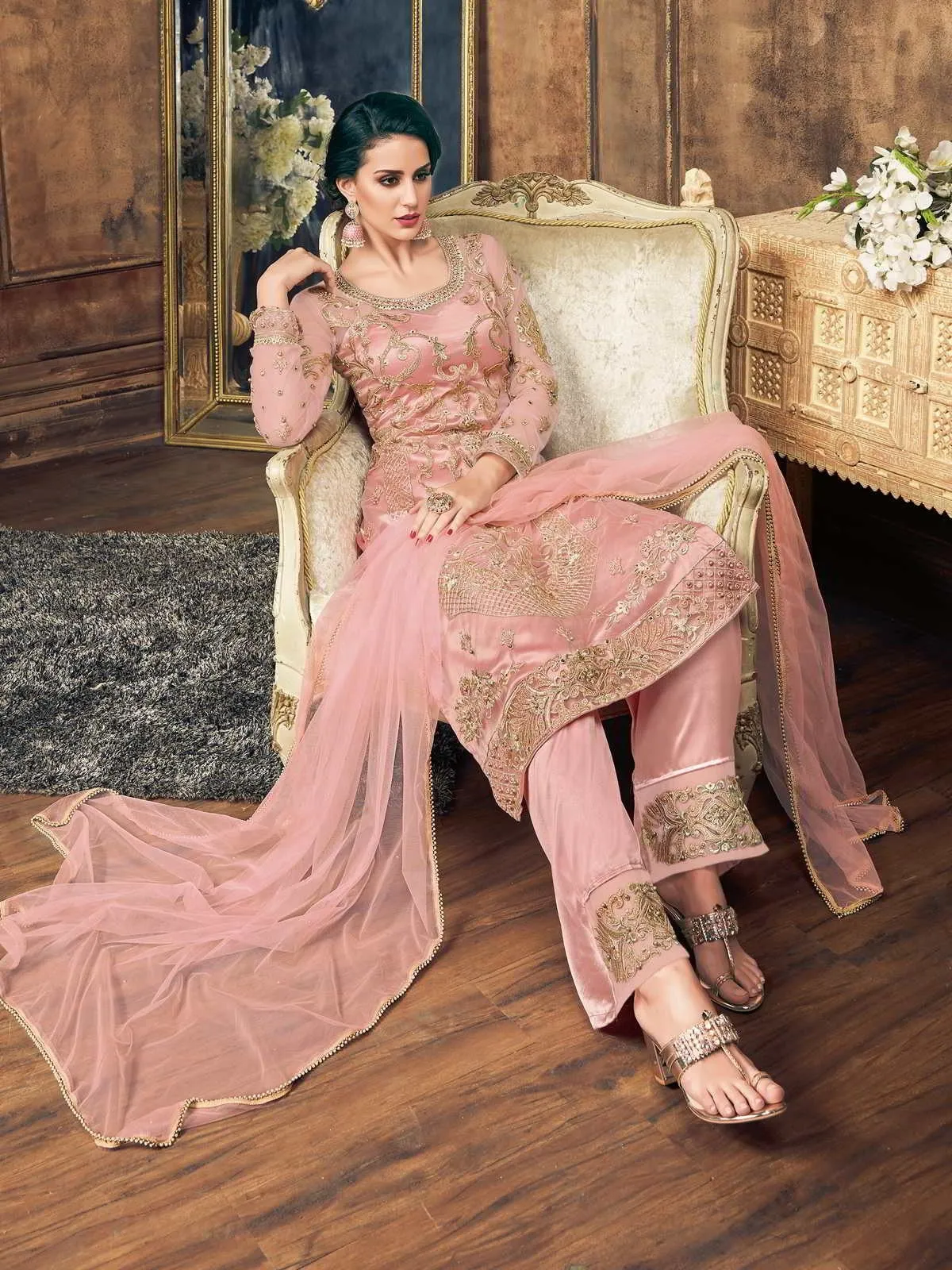 Light Pink Embroidery And Pearl Embellished Pakistani Pant Suit