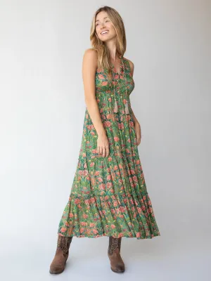 Luella Sleeveless Maxi Dress - Turquoise Pink Roses