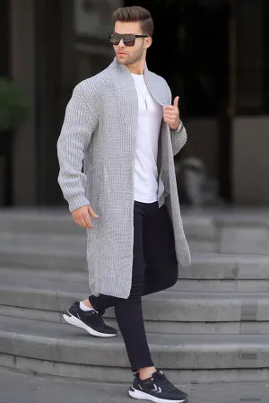 Madmext Men's Gray Stand-Up Collar Pocket Long Knitted Cardigan