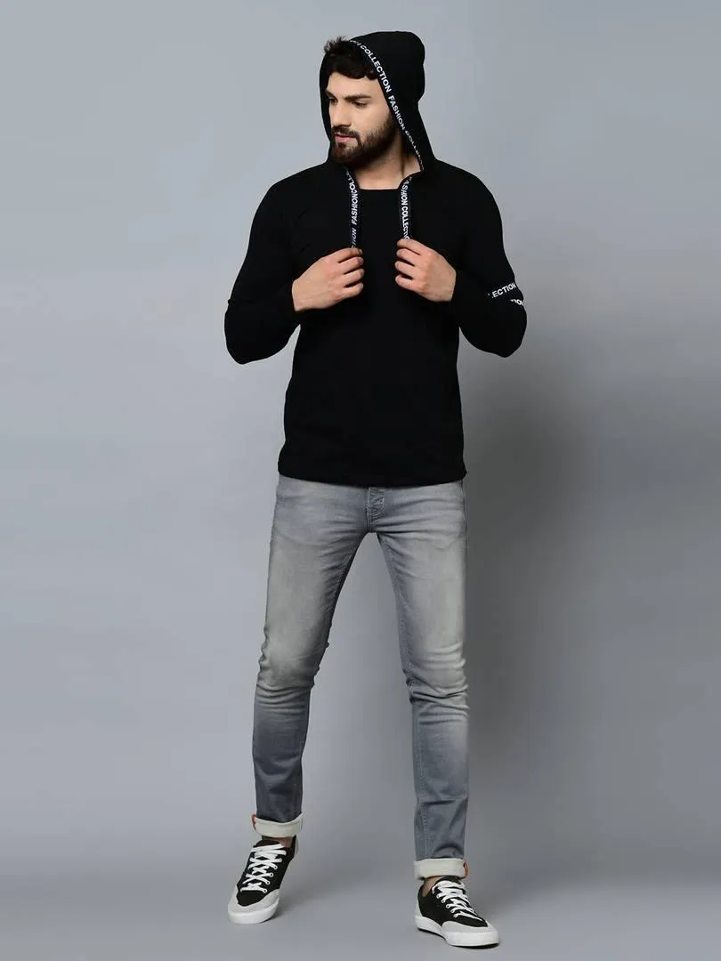 Men's Black Cotton Self Pattern Hooded Tees