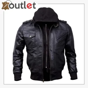 Mens Genuine Black Hooded Bomber Leather Jacket