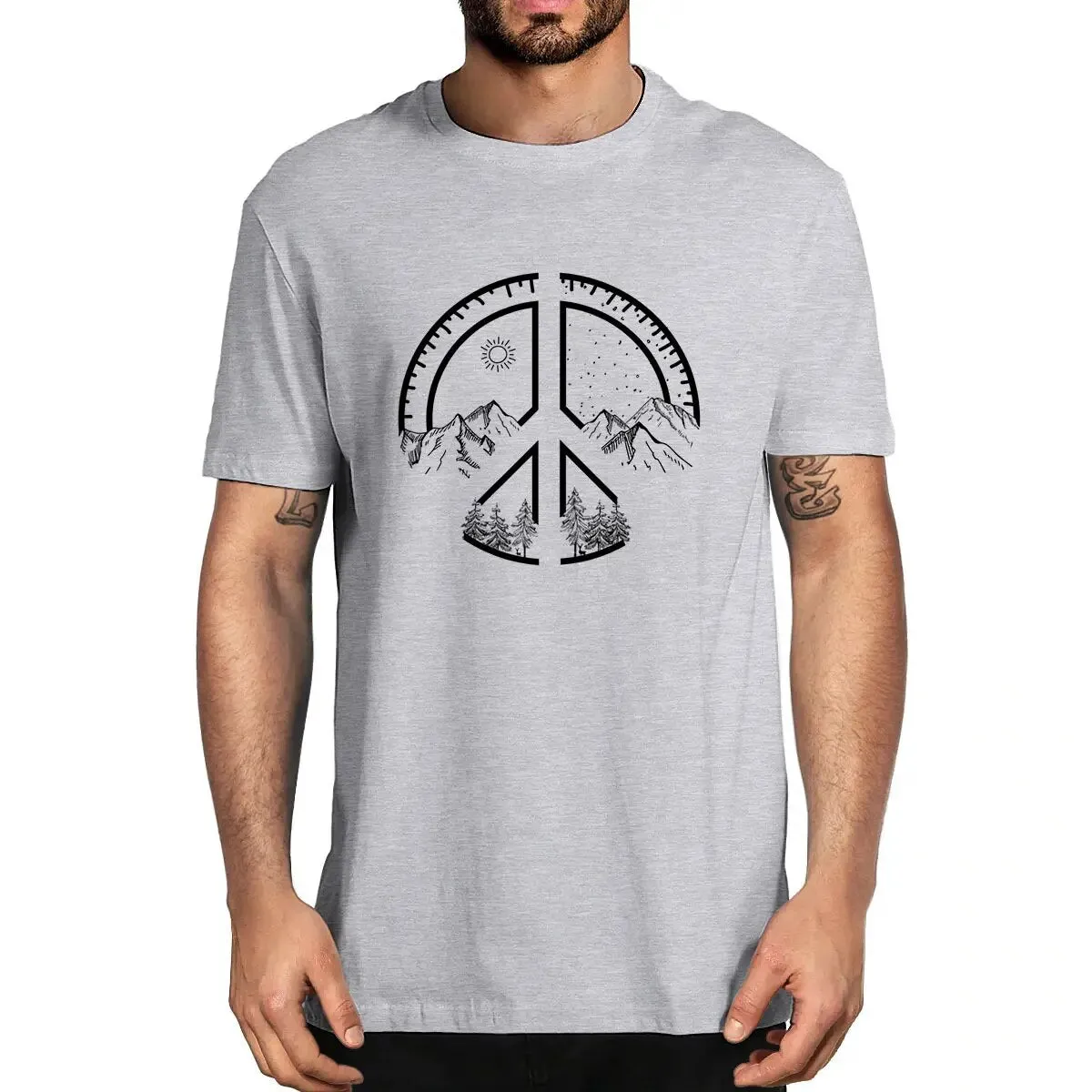 Men's Novelty Oversized Peace Sign Mountains Cotton Summer T-Shirt